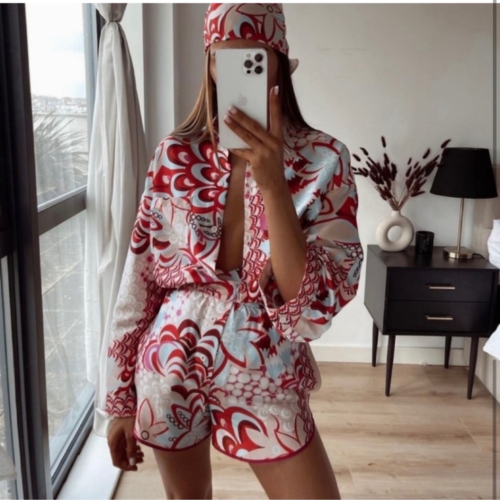 Zara 3 Piece Shorts-Shirt-Scarf Co Ord Satin Set